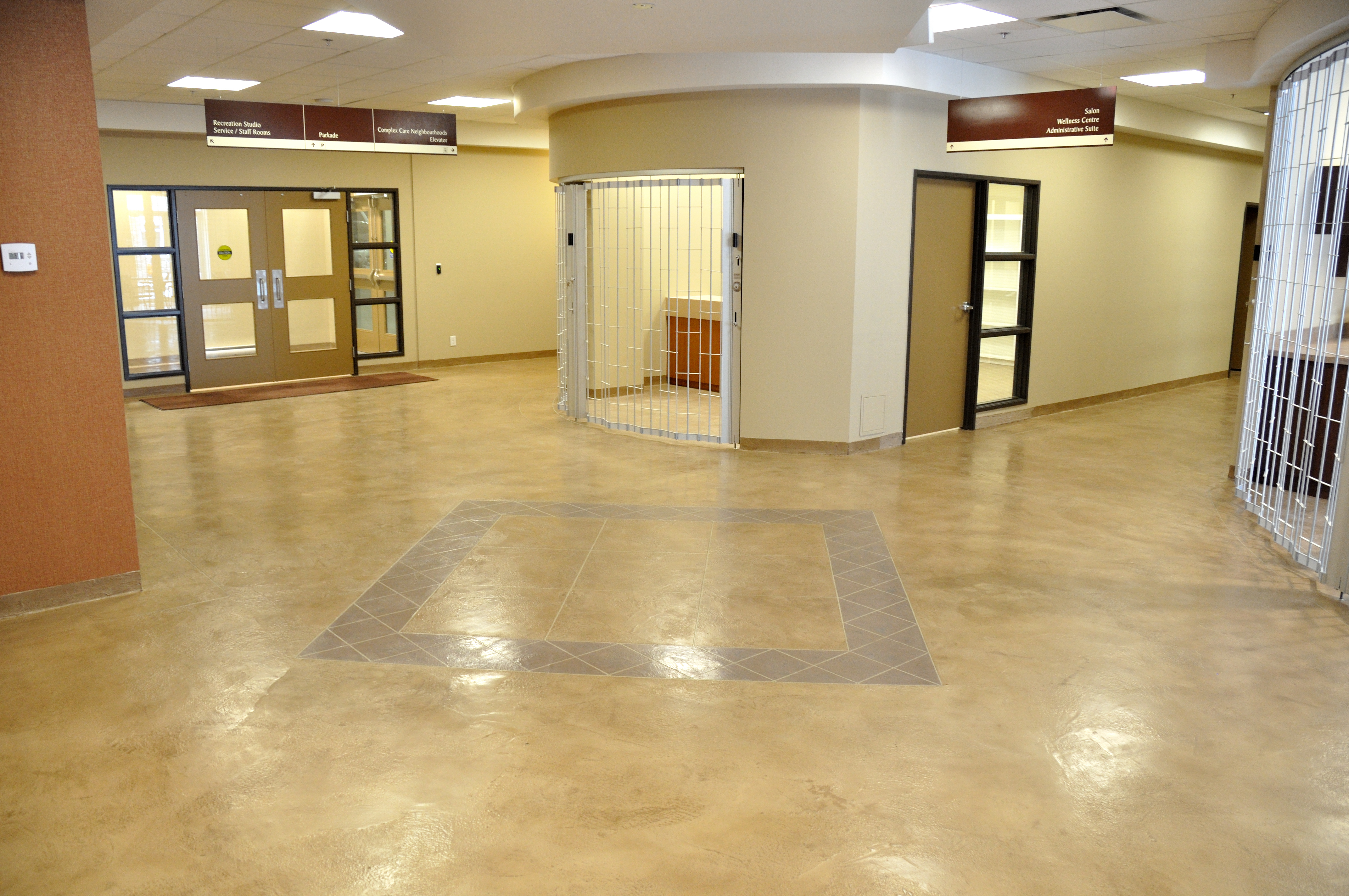 Care facility lobby with decorative StoneCraft floor inlay
